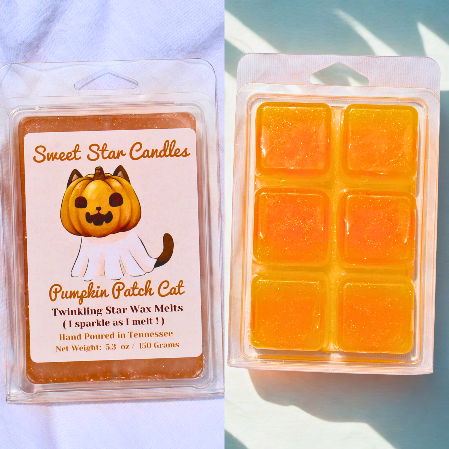 Sweet Star Candles Pumpkin Patch Cat wax melts packaging on a light blue background