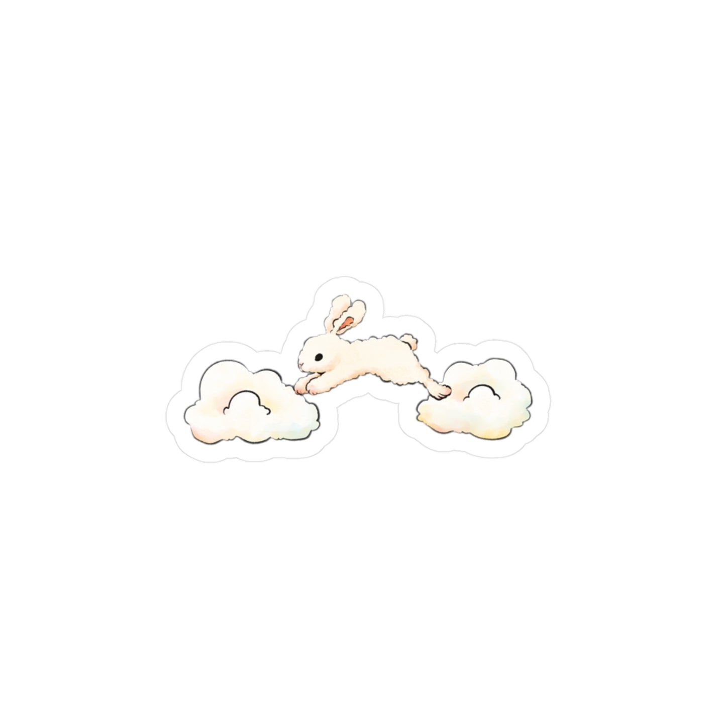 A small illustrated sticker or decal showing a cream-colored bunny jumping between two soft pastel clouds on a plain white background.