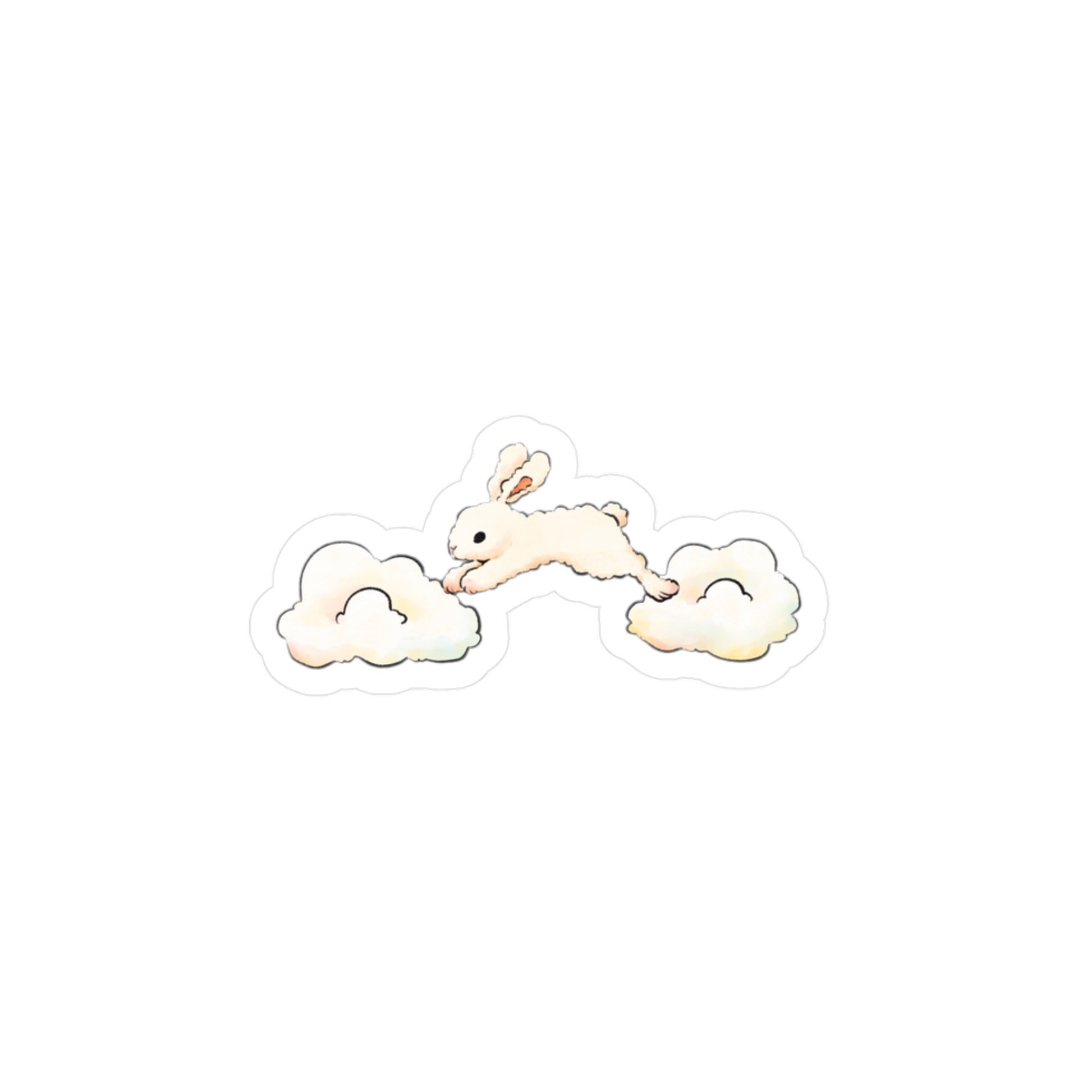 A small illustrated sticker or decal showing a cream-colored bunny jumping between two soft pastel clouds on a plain white background.