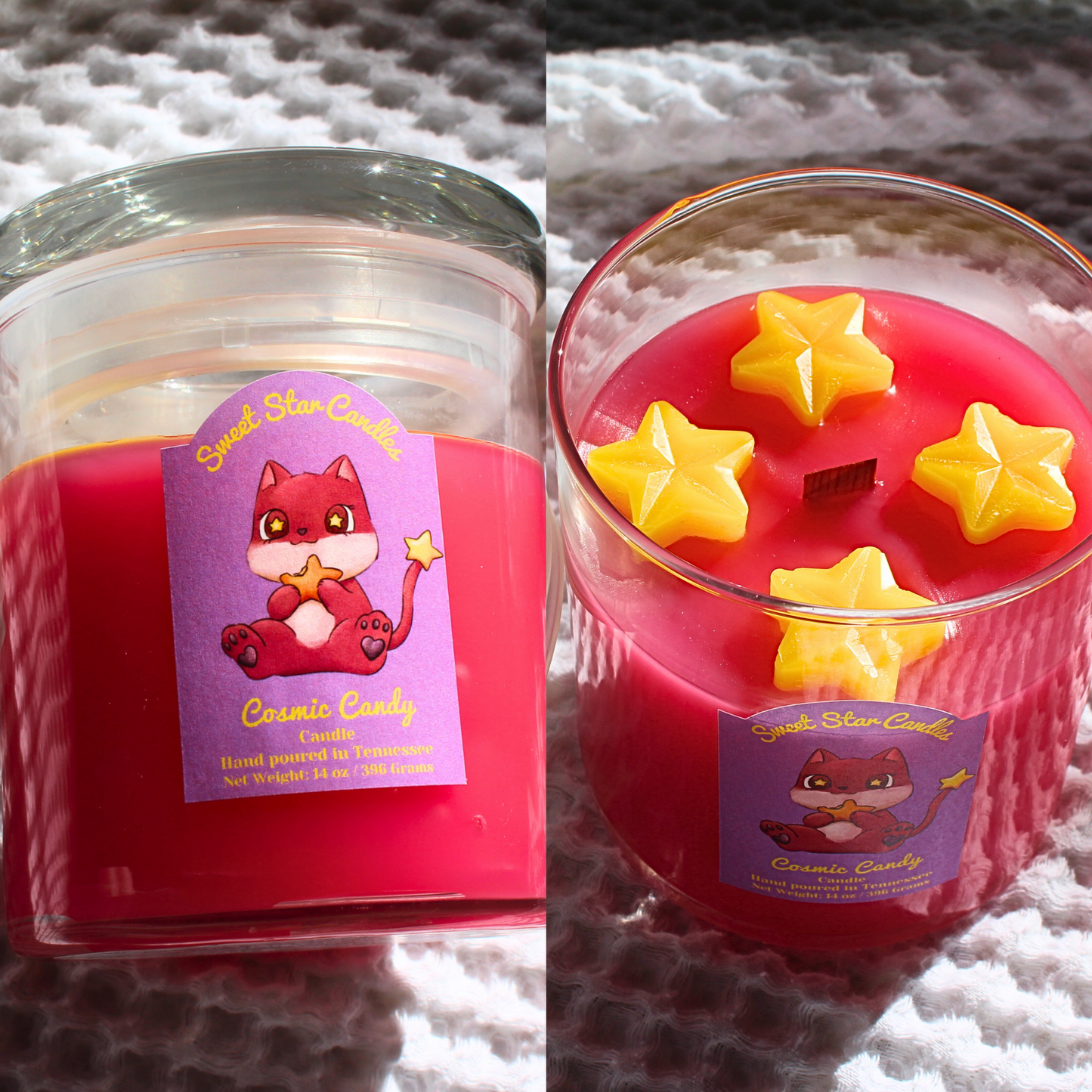 A magenta candle with glass lid with yellow stars sitting on top of the candle the label features a magenta creature with a white chin and belly with cute stars in his eyes munching on a orange star cosmic candy he also has a tail with a star on the end the label reads sweet star candles cosmic candy candle hand poured in Tennessee with a net weight of 14 ounces