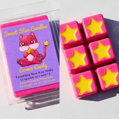 Pink wax melts with yellow stars and packaging featuring a cartoon cat on a white background