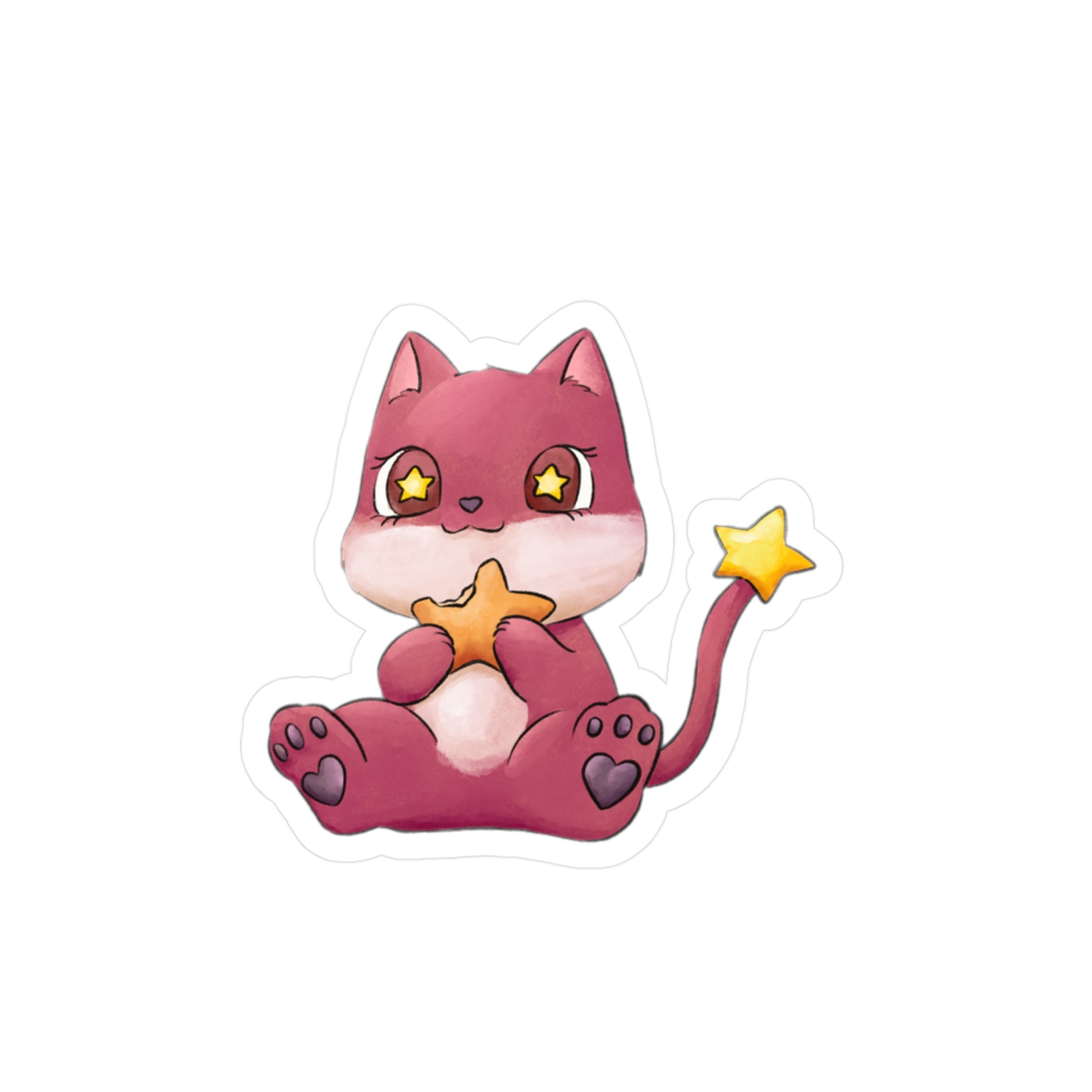 A die-cut vinyl sticker featuring a cute chibi-style pink cat character holding a yellow star, shown on a plain white background.