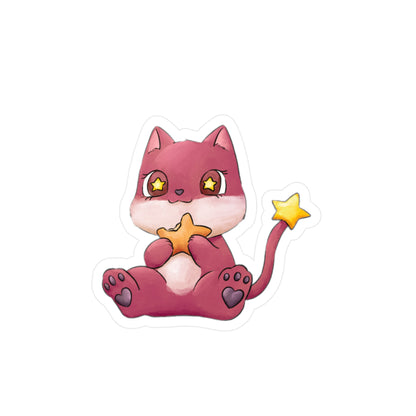 A die-cut vinyl sticker featuring a cute chibi-style pink cat character holding a yellow star, shown on a plain white background.