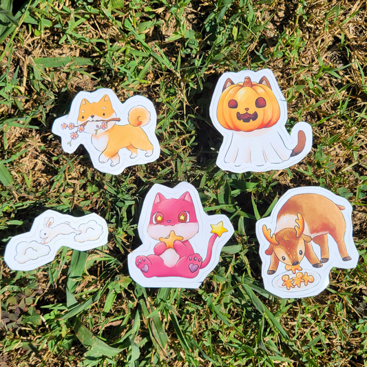 cute sticker bundle which features a ghost cat a pink alien cat a reindeer a bunny and a shiba inu sticker