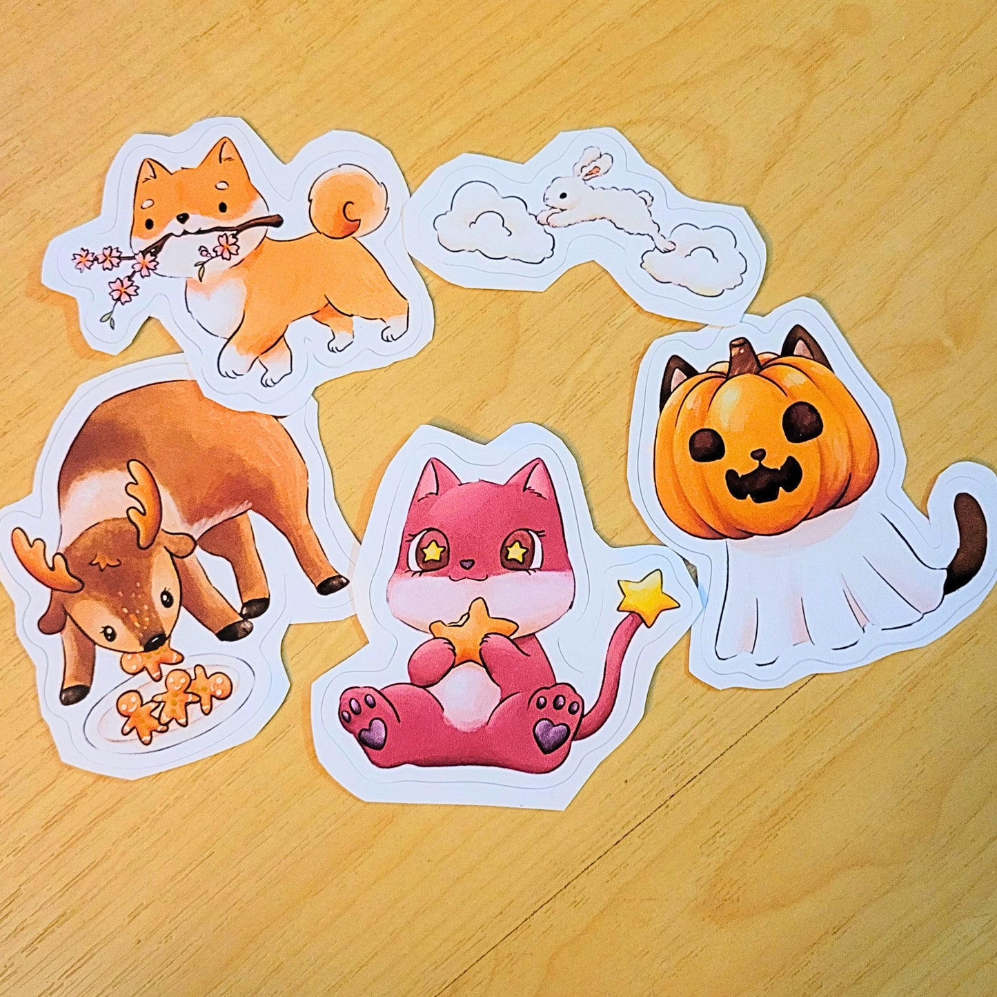 cute sticker bundle which features a ghost cat a pink alien cat a reindeer a bunny and a shiba inu sticker