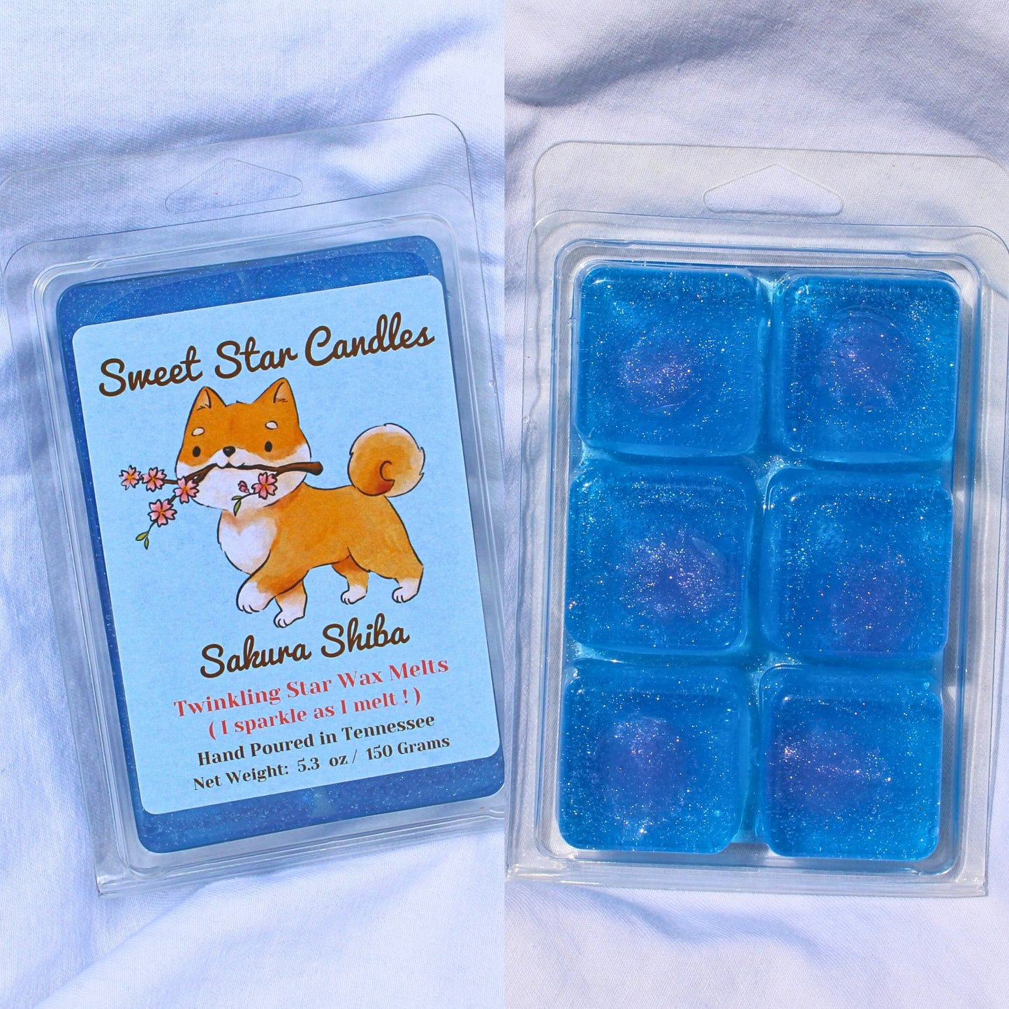 Blue wax melts in a packaging with a 'Sweet Star Candles' label featuring a dog illustration.
