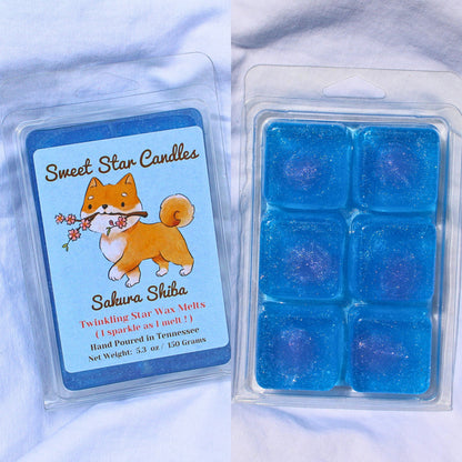 Blue wax melts in a packaging with a 'Sweet Star Candles' label featuring a dog illustration.