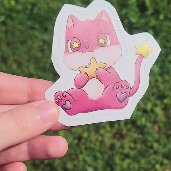 pink alien cat star sticker