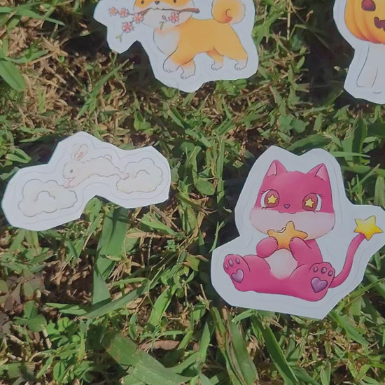 cute sticker bundle which features a ghost cat a pink alien cat a reindeer a bunny and a shiba inu sticker
