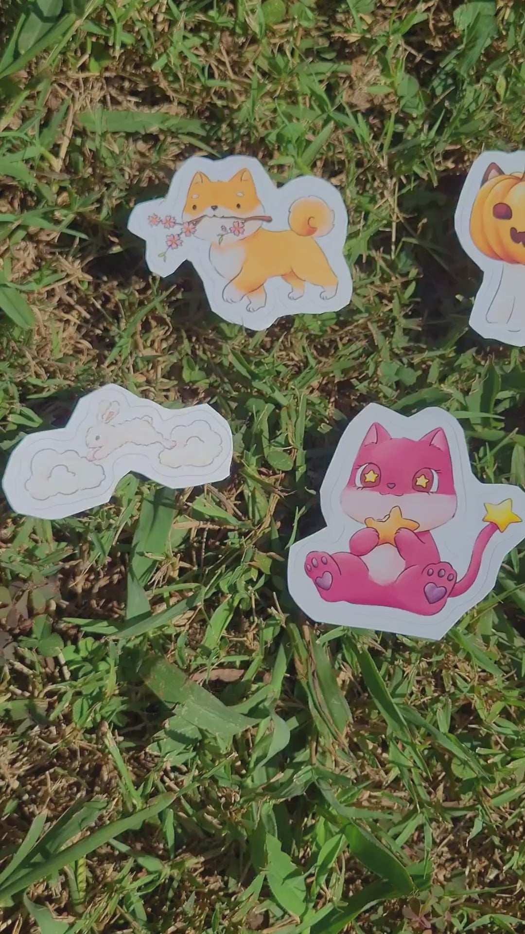 cute sticker bundle which features a ghost cat a pink alien cat a reindeer a bunny and a shiba inu sticker