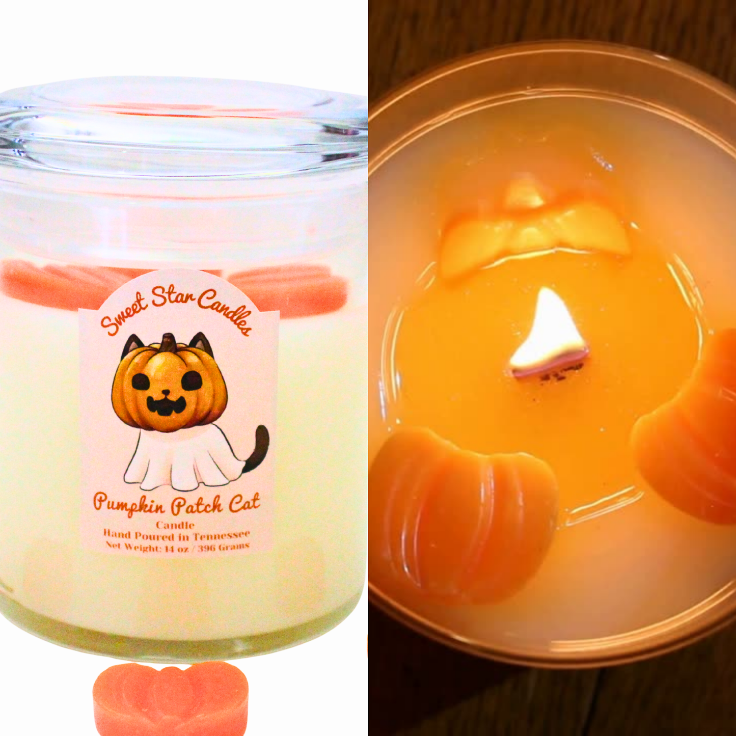 our pumpkin patch cat candle has white wax on the bottom with pumpkin embeds on top and surrounding it on the ground the label features a cat with a jack o lantern face smiling with a ghost sheet his ears poke out of the pumpkin and tail out of the cloth the label reads pumpkin patch cat the scent name under that hand poured in east Tennessee weight 14 oz or 150 grams