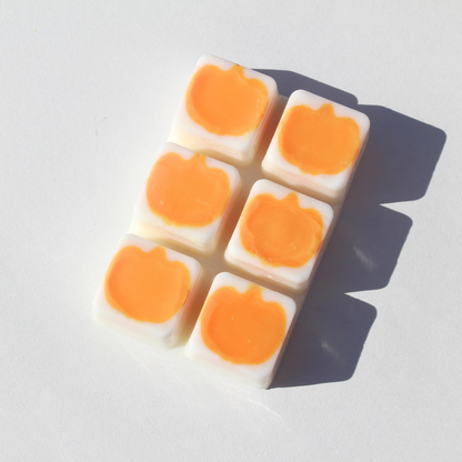 our pumpkin patch cat wax melt is out of the packaging it has a orange pumpkins in each of the wax melt areas with a white background