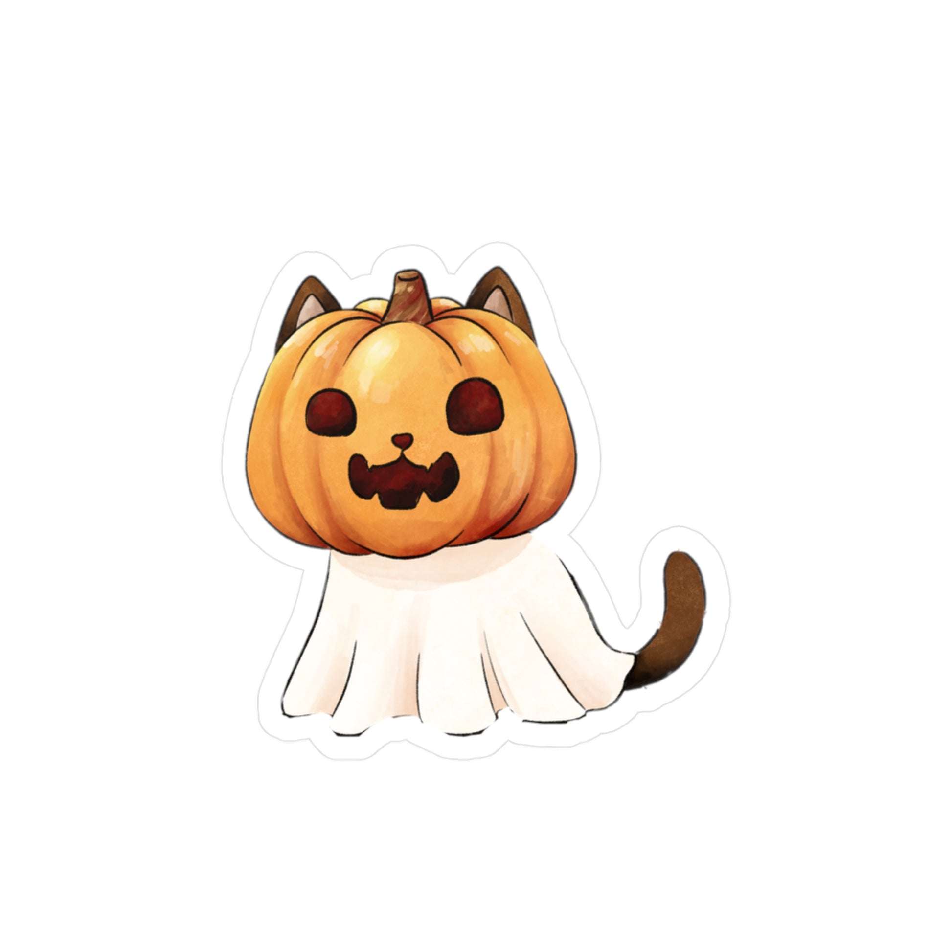 A die-cut sticker featuring a cute cartoon cat with a carved pumpkin head and a white ghost body, shown on a plain white background.