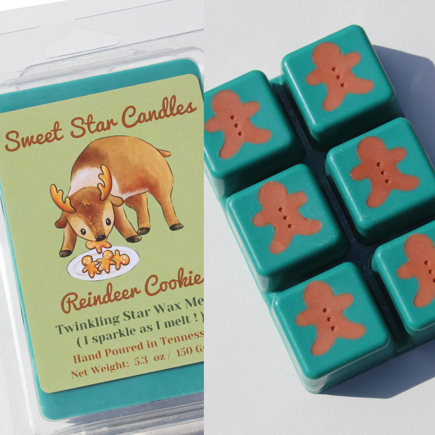 Sweet Star Candles reindeer cookie wax melts packaging and wax melts themselves.