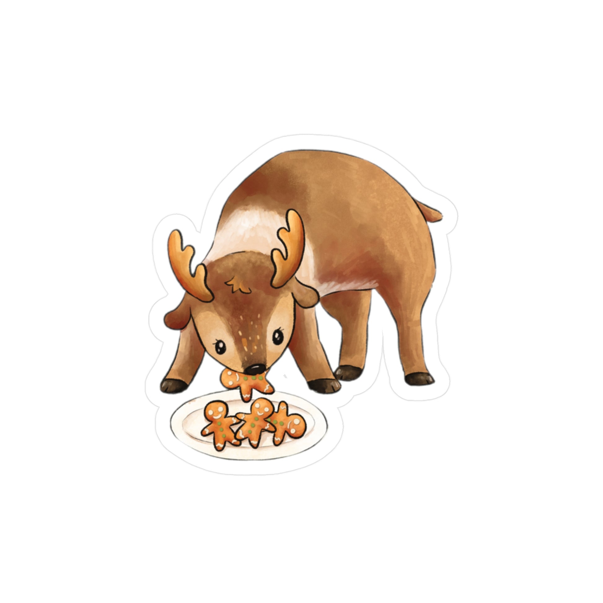A die-cut sticker featuring a cute cartoon reindeer eating gingerbread cookies from a white plate, shown on a plain white background.