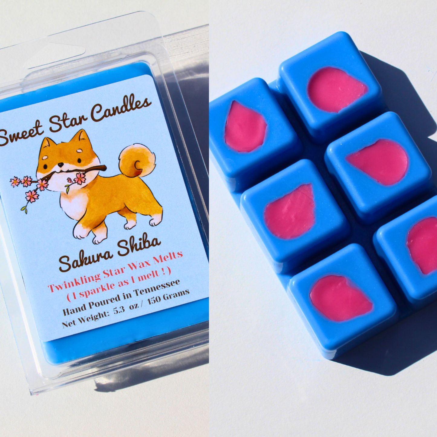 Sweet Star Candles Sakura Shiba wax melts packaging and wax melts on a white background