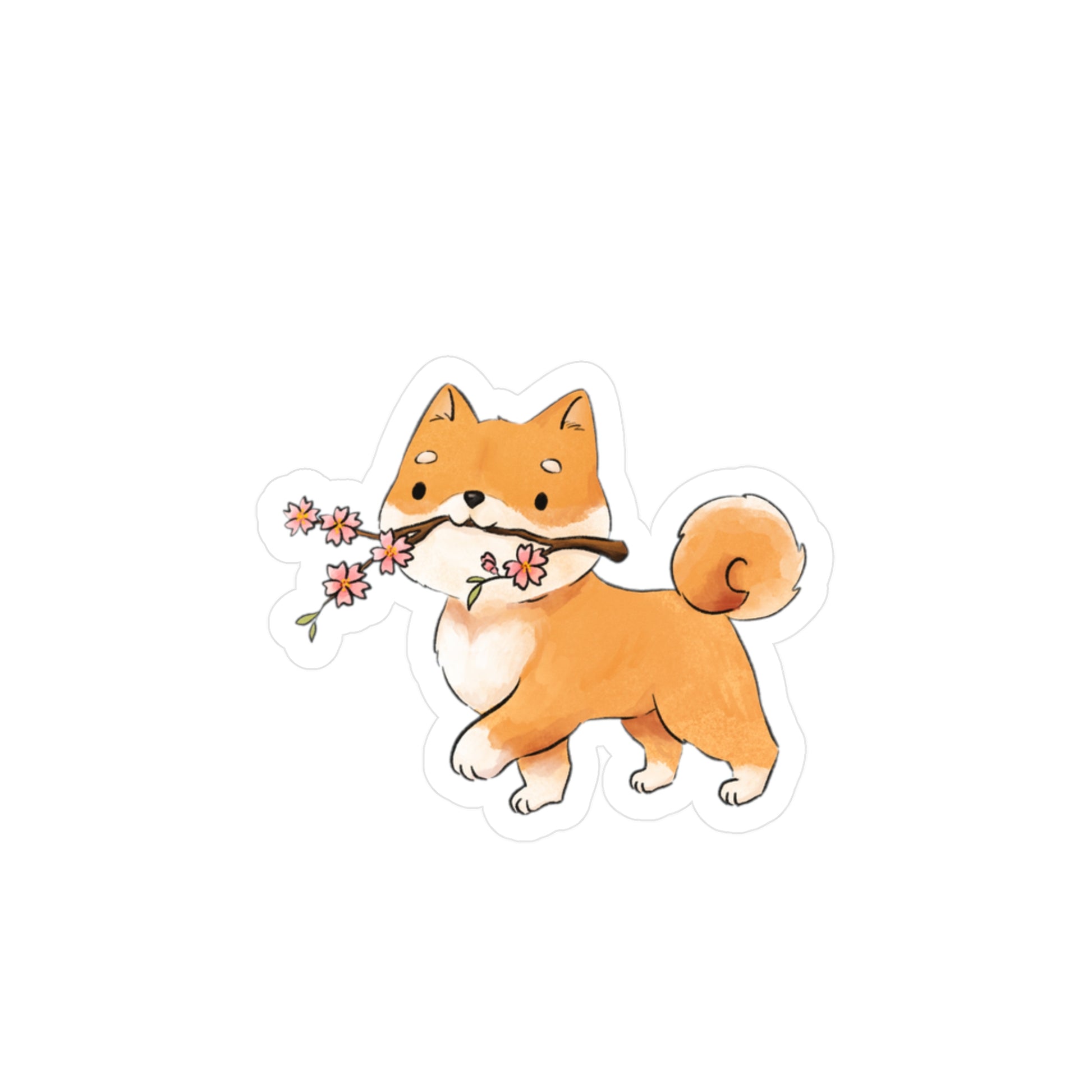 A die-cut sticker featuring a cute watercolor illustration of a Shiba Inu dog holding a branch with pink blossoms in its mouth, shown on a plain white background.